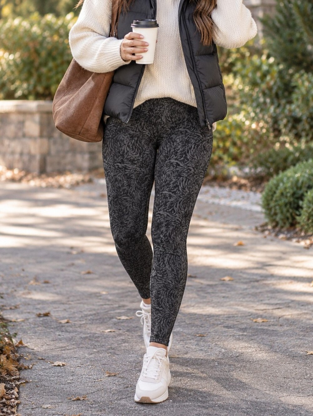 Just Cozy Dark Gray Patterned High-Rise Fleece Lined Leggings Casual Travel
